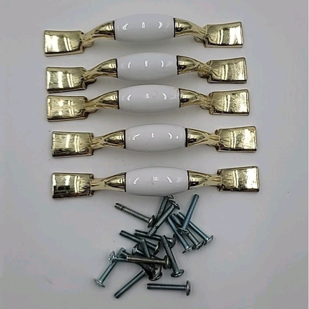 5 VTG Brass Gold Metal & Porcelain Drawer Pulls Cabinet‎ Handles Square White 3"